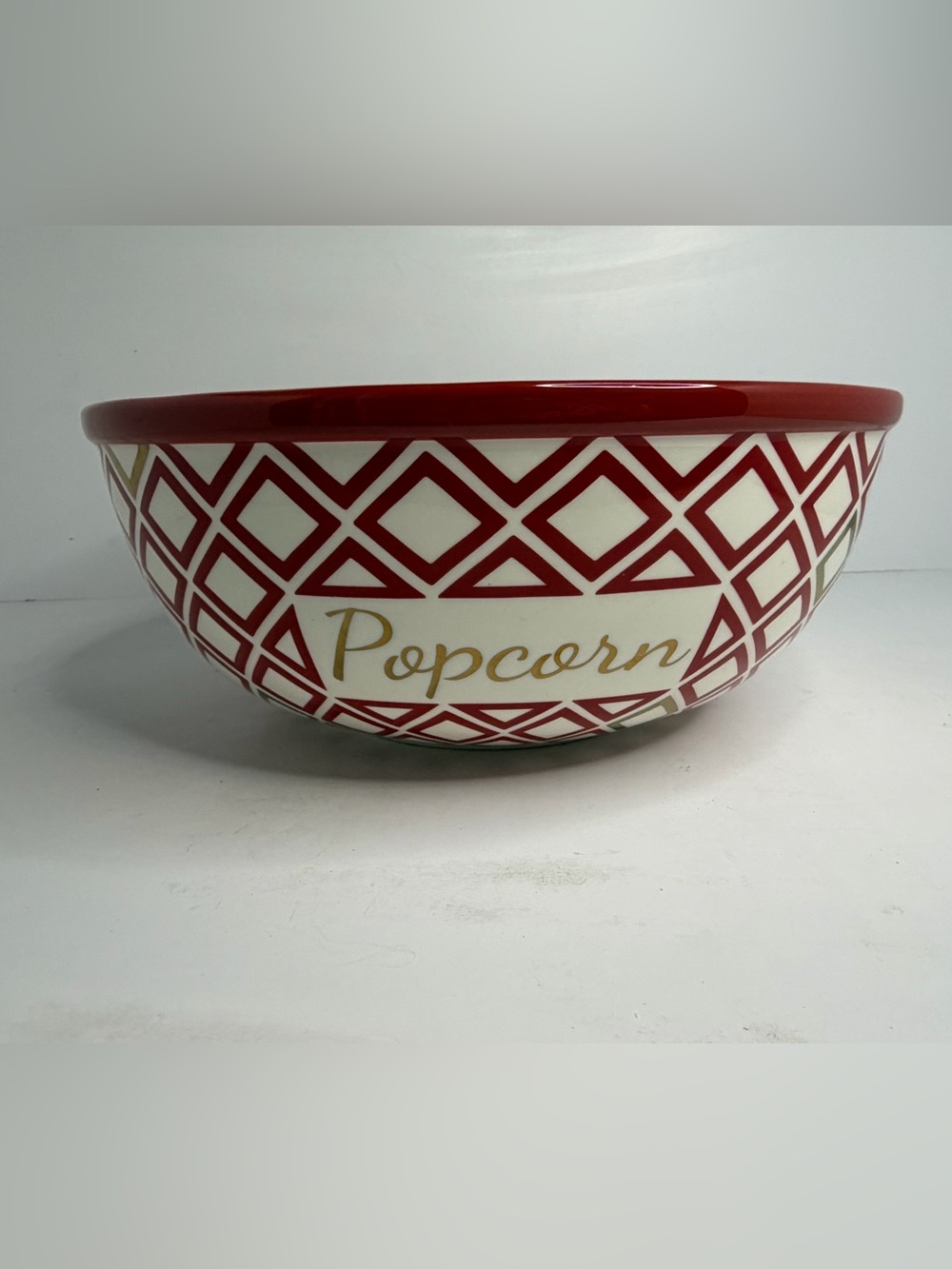 Williams Sonoma Popcorn Serving Bowl Red Cream Geometric Ceramic 11” Movie Night